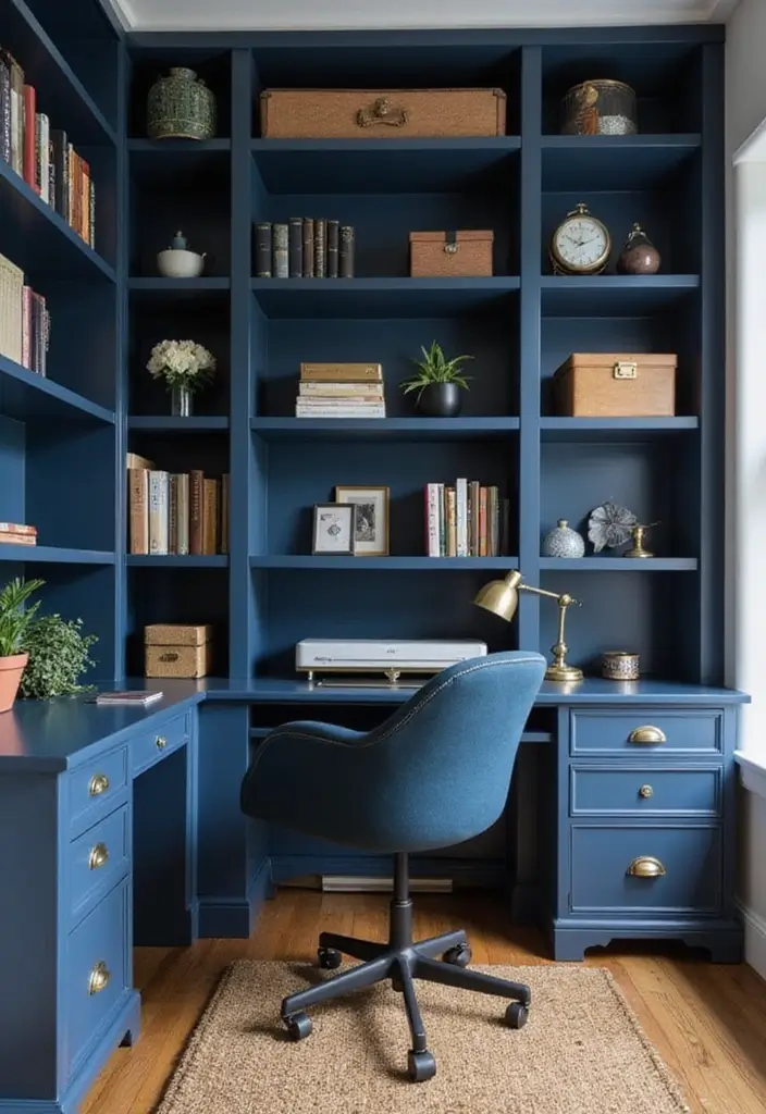 30 Dark Blue Office Designs That Feel Bold and Elegant 15. Stylish Storage Solutions