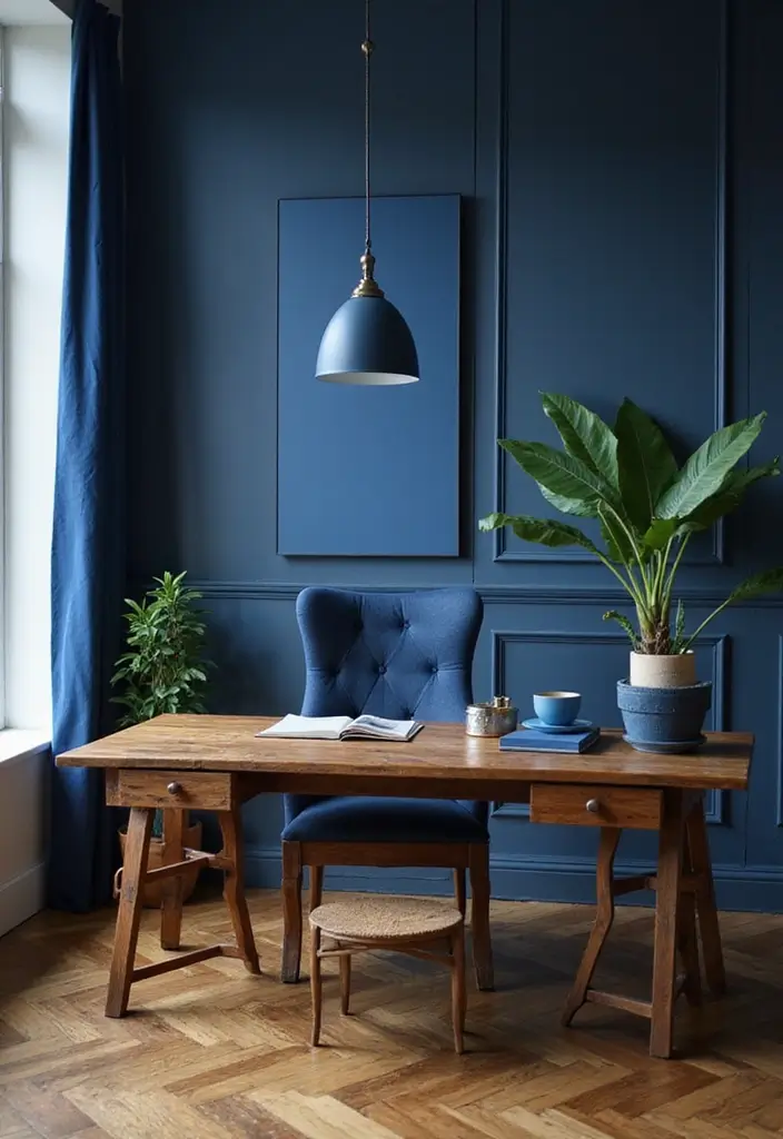 30 Dark Blue Office Designs That Feel Bold and Elegant 2. Dark Blue and Wood Combination