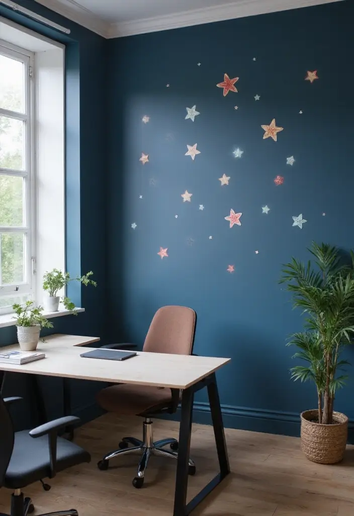 30 Dark Blue Office Designs That Feel Bold and Elegant 25. Creative Wall Stickers