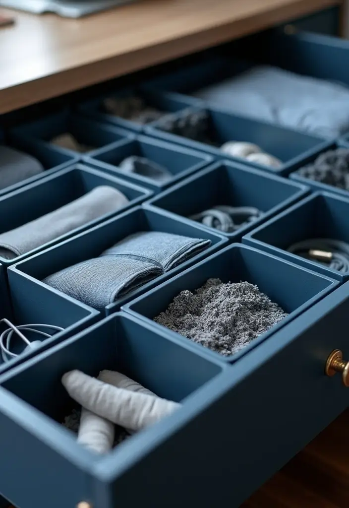 30 Dark Blue Office Designs That Feel Bold and Elegant 27. Elegant Drawer Organizers
