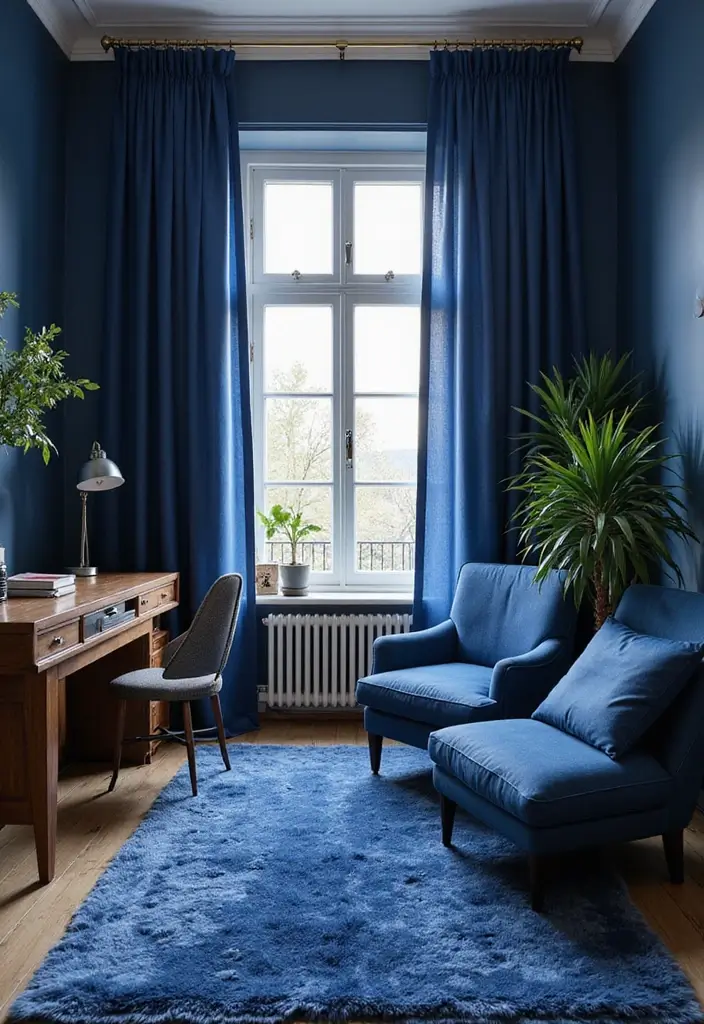 30 Dark Blue Office Designs That Feel Bold and Elegant 3. Elegant Textiles