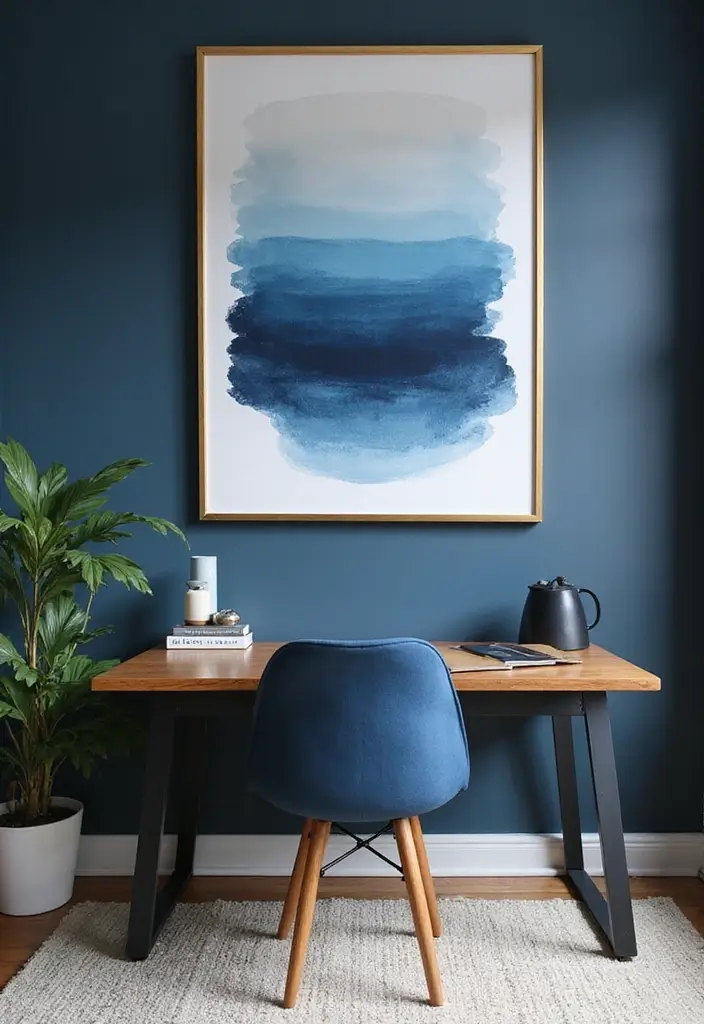 30 Dark Blue Office Designs That Feel Bold and Elegant 4. Bold Art Pieces