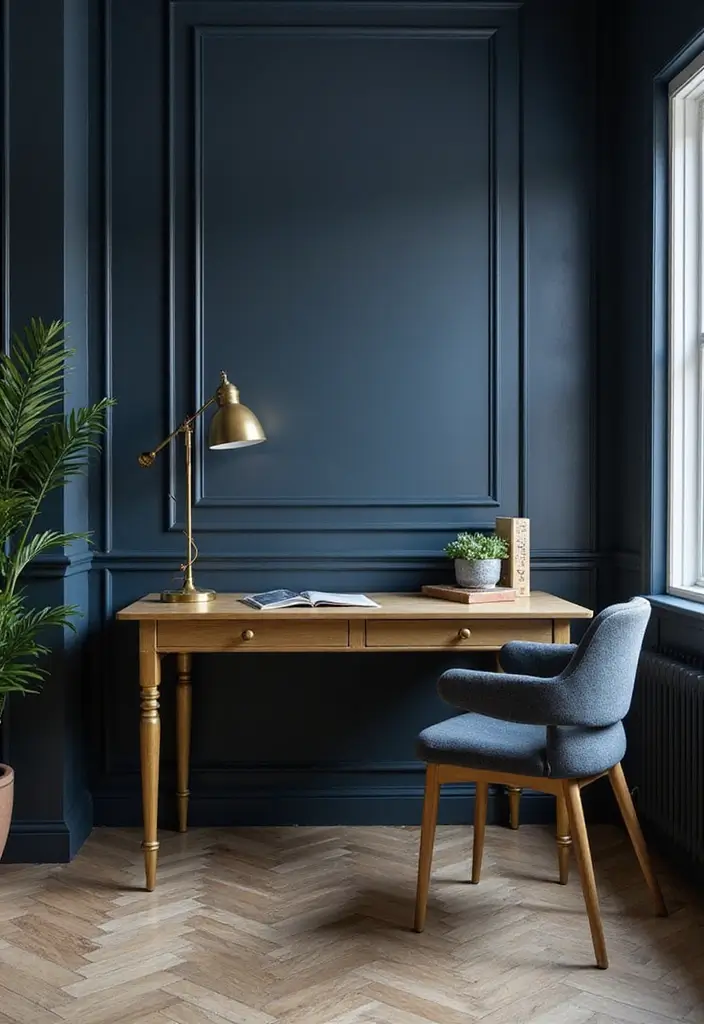 30 Dark Blue Office Designs That Feel Bold and Elegant 5. Gold and Blue Accents