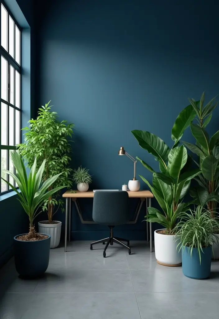 30 Dark Blue Office Designs That Feel Bold and Elegant 7. Plants for a Touch of Nature