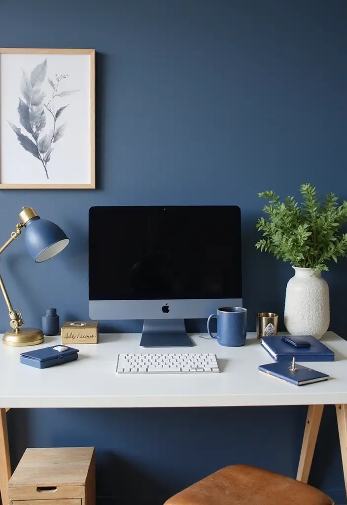 30 Dark Blue Office Designs That Feel Bold and Elegant 9. Navy Blue Desk Accessories