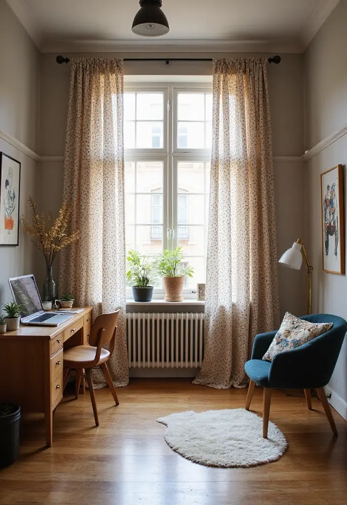 30 Office Curtain Ideas for Style and Privacy 11. Artistic Drapes
