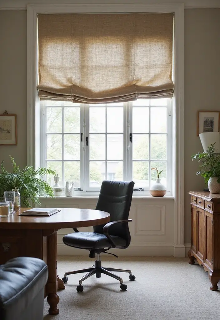 30 Office Curtain Ideas for Style and Privacy 19. Roman Shades for Chic Simplicity