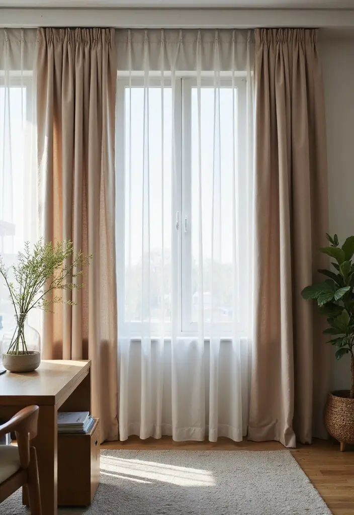 30 Office Curtain Ideas for Style and Privacy 21. Functional Layers with Panels