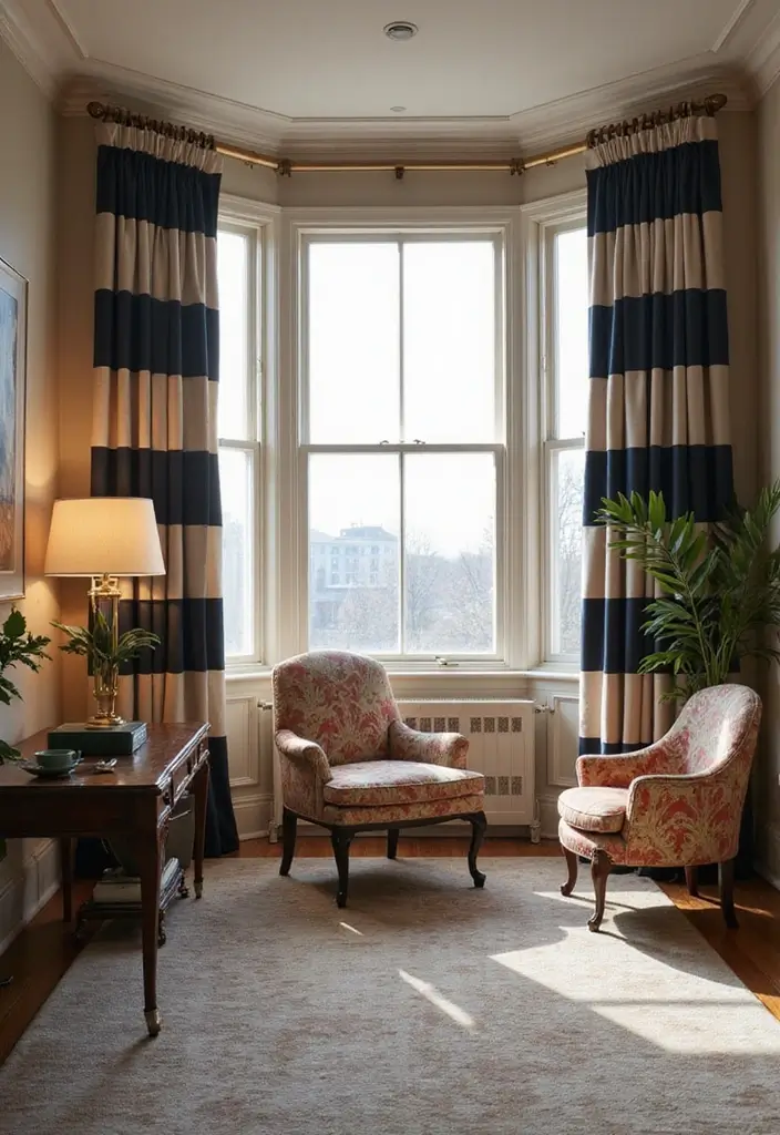 30 Office Curtain Ideas for Style and Privacy 22. Striped Patterns