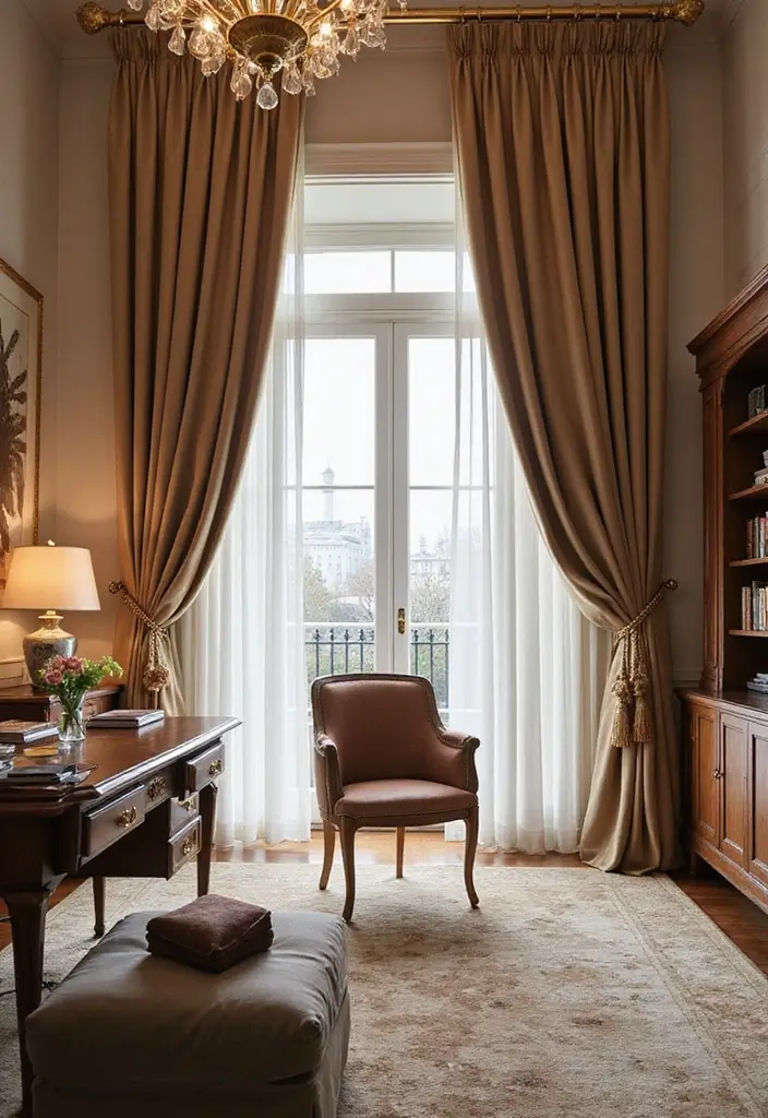 30 Office Curtain Ideas for Style and Privacy 23. Soft Drapes with a Touch of Glam