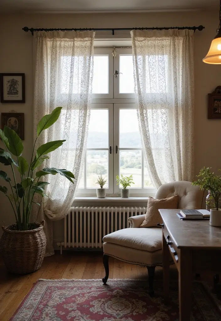 30 Office Curtain Ideas for Style and Privacy 26. Vintage Lace