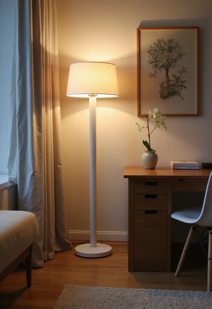 30 White Office Decor Ideas for a Clean Look 18. White Floor Lamp