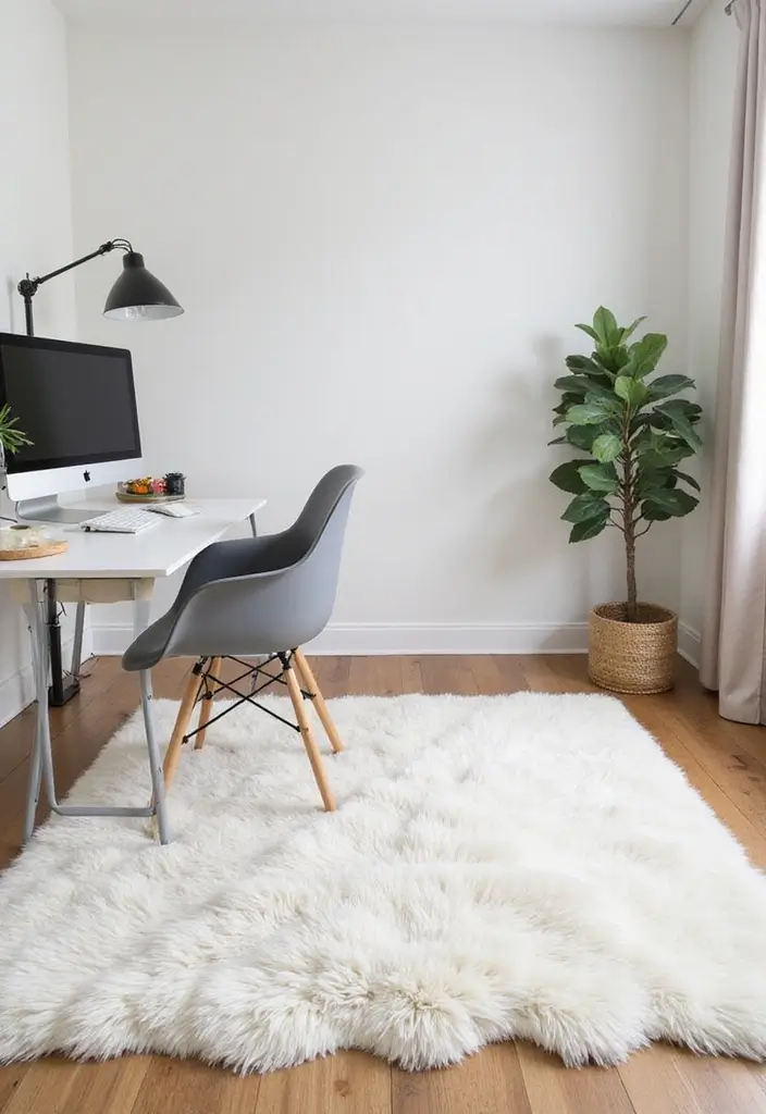 30 White Office Decor Ideas for a Clean Look 7. Minimalist White Rugs