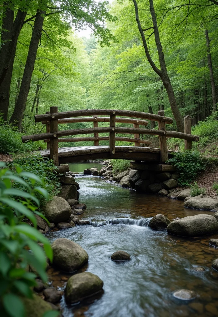 12 Backyard Creek Ideas for Natural Calming Water Features 6. Rustic Log Bridge Over the Creek