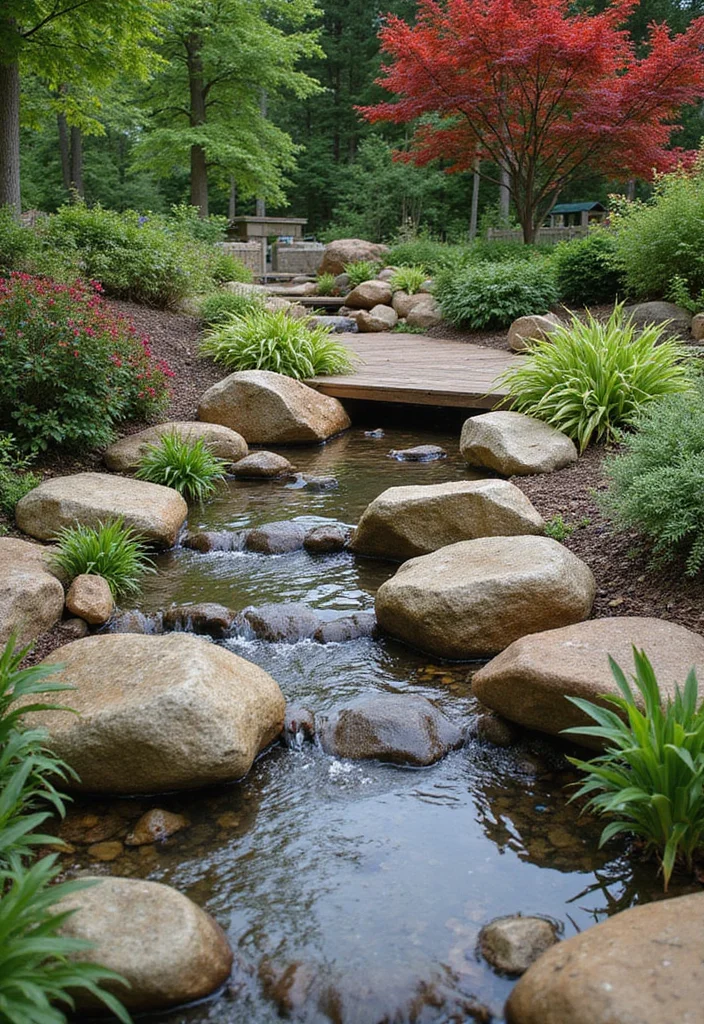 12 Backyard Creek Ideas for Natural Calming Water Features 8. Stone and Wood Combination