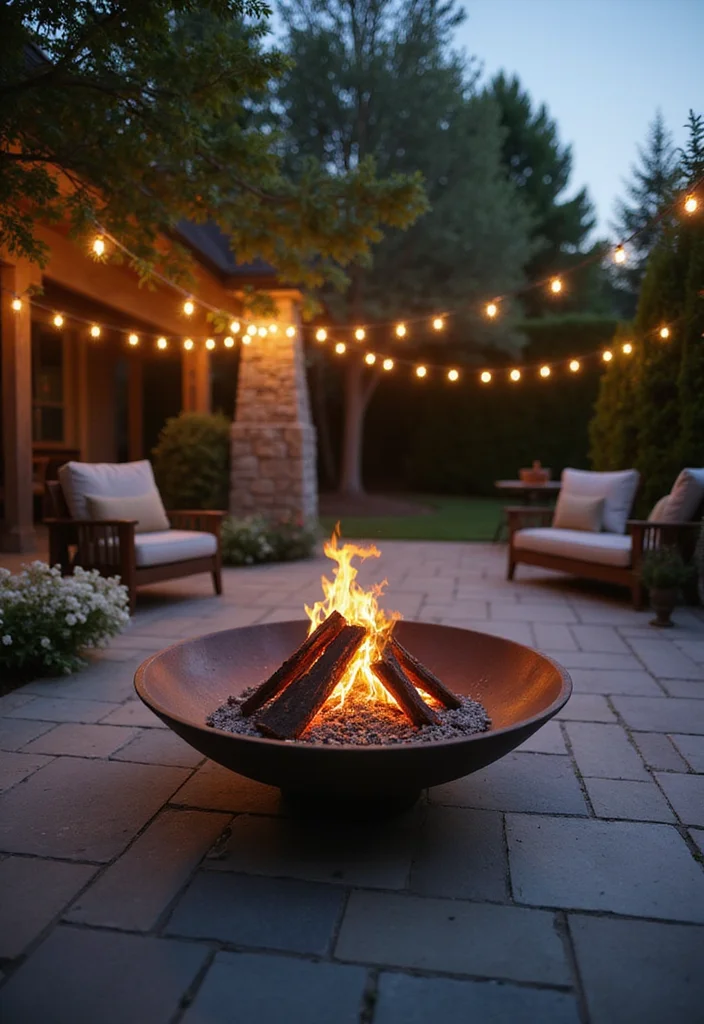 12 Backyard Patio Fire Pit Ideas for Warm Social Gatherings 12. Chic Fire Bowl on a Stone Patio