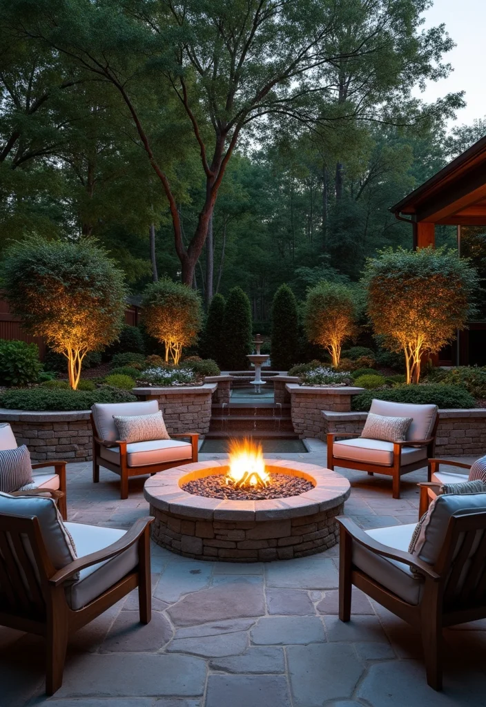 12 Backyard Patio Fire Pit Ideas for Warm Social Gatherings 7. Fire Pit with a Water Feature