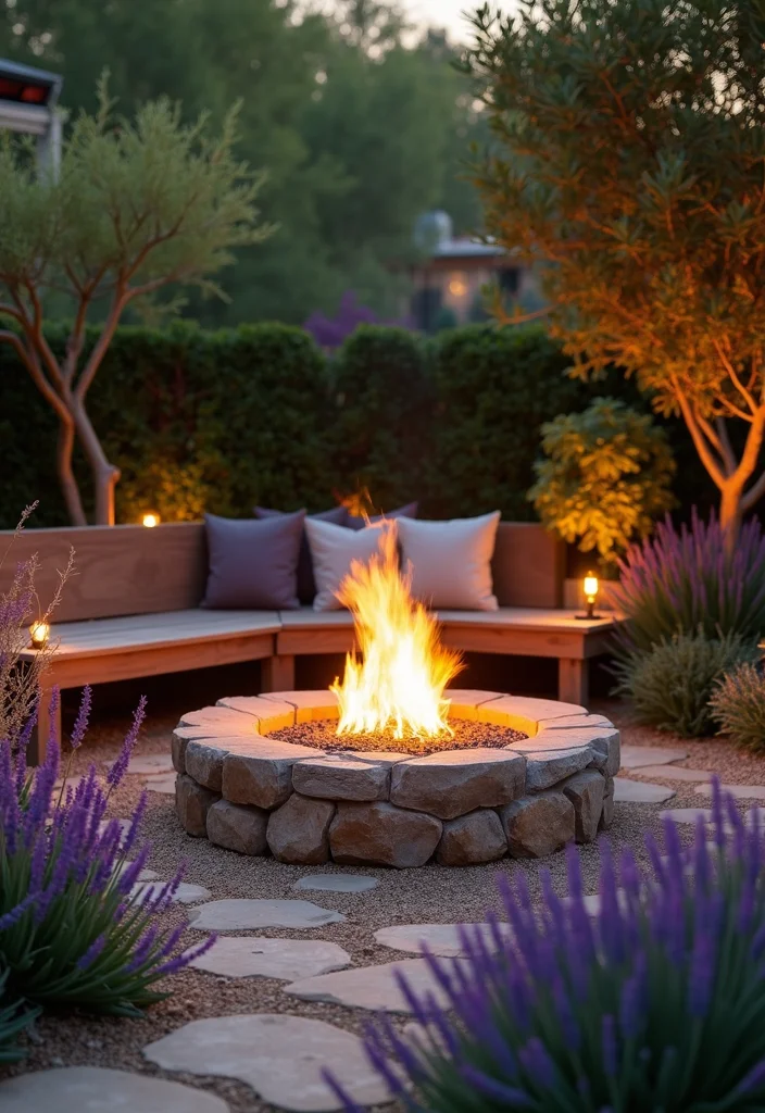 12 Backyard Patio Fire Pit Ideas for Warm Social Gatherings 9. Fire Pit Surrounded by Fire Retardant Plants