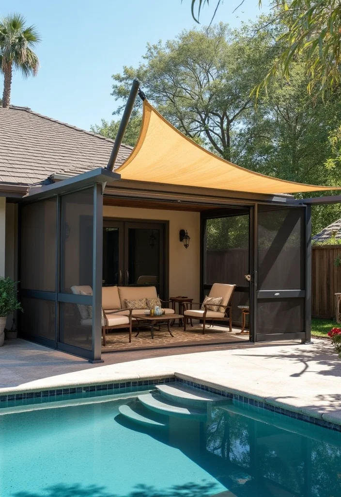 12 Backyard Pool House Ideas for Convenient Comfortable Hosting 9. Install Screens and Shade