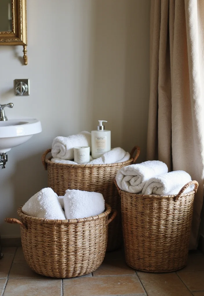 12 Bathroom Storage Ideas for Organized Easy Daily Living 3. Decorative Baskets for a Rustic Touch
