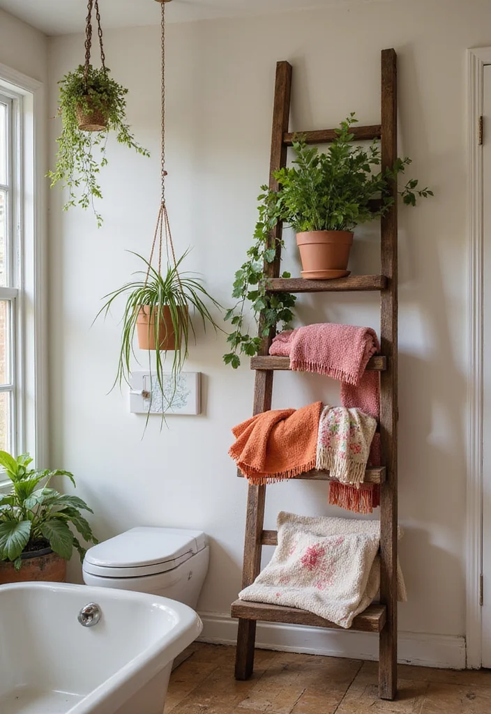12 Bathroom Storage Ideas for Organized Easy Daily Living 5. Stylish Ladder Shelf for a Bohemian Vibe