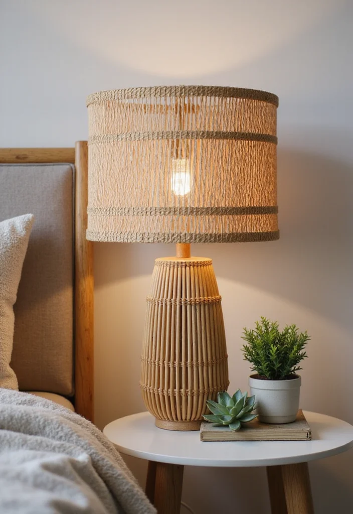 12 Bedroom Lamp Ideas for Soft Cozy Nighttime Glow 1. Woven Rattan Table Lamp