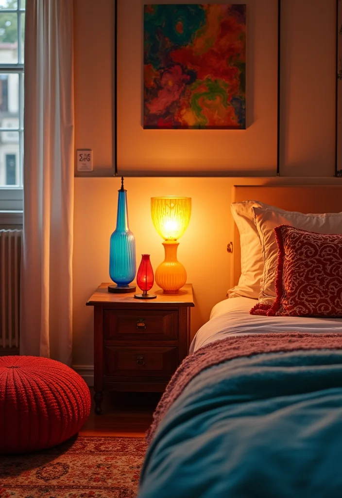 12 Bedroom Lamp Ideas for Soft Cozy Nighttime Glow 3. Colorful Glass Lamps
