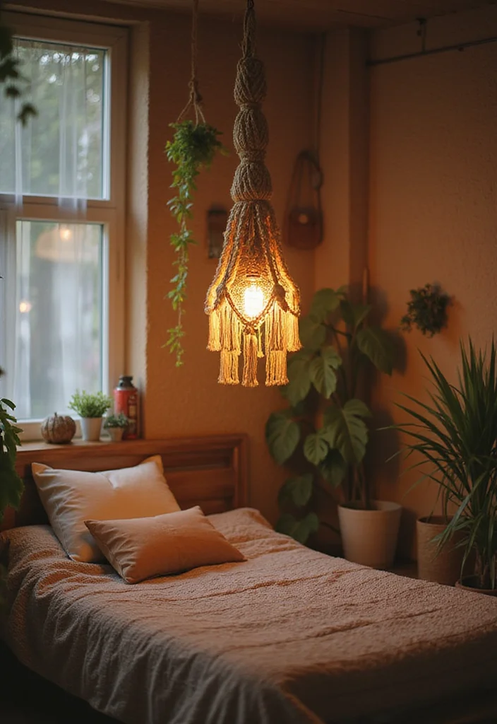 12 Bedroom Lamp Ideas for Soft Cozy Nighttime Glow 4. Macrame Hanging Lamp