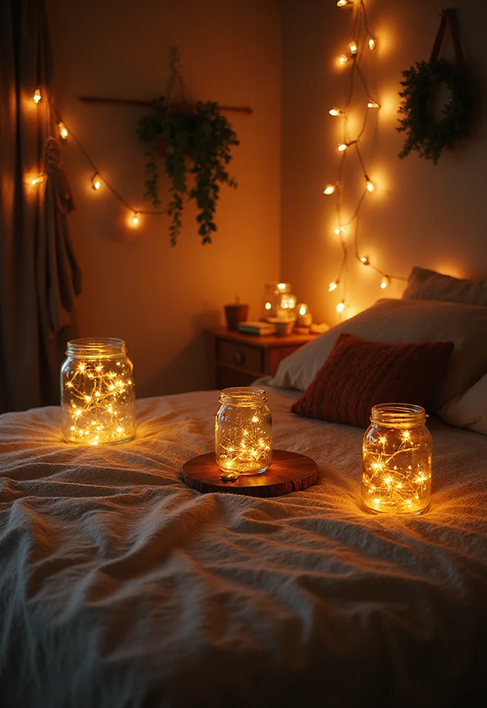 12 Bedroom Lamp Ideas for Soft Cozy Nighttime Glow 7. Fairy Lights in Glass Jars