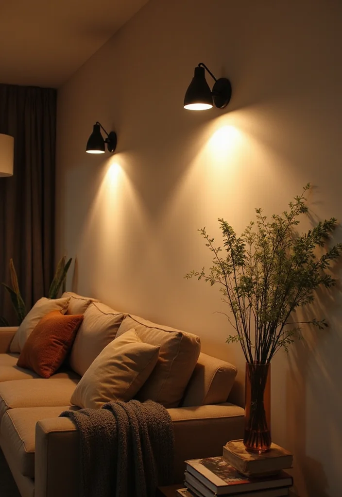 12 Carpeted Living Room Ideas for Soft Warm Comfortable Style 10. Wall Mounted Lighting for Space Saving