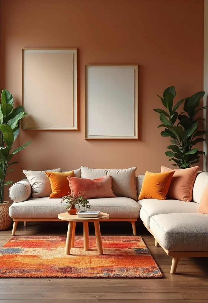 12 Carpeted Living Room Ideas for Soft Warm Comfortable Style 2. Warm Color Palettes with Accent Rugs