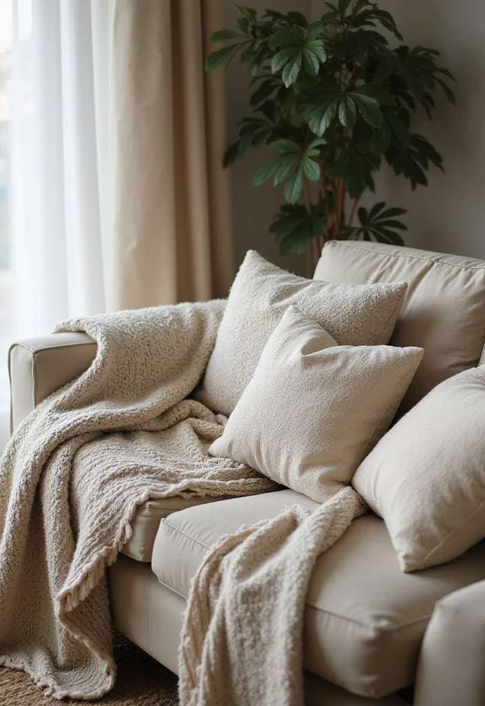 12 Carpeted Living Room Ideas for Soft Warm Comfortable Style 8. Textured Throws and Pillows