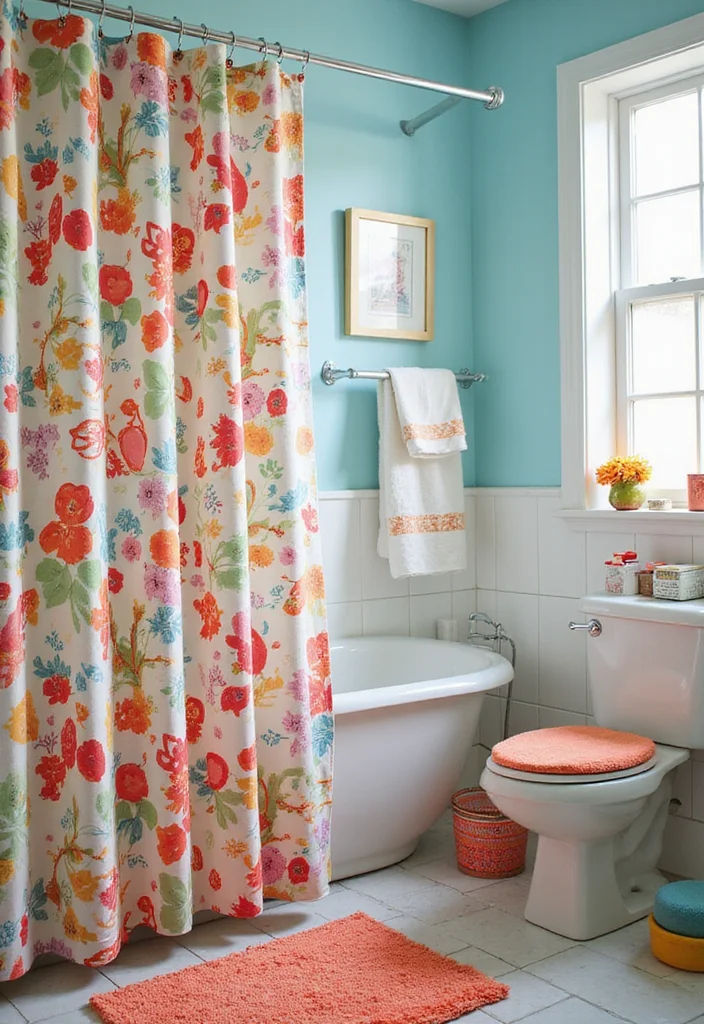 12 Colourful Bathroom Ideas for Bright Cheerful Vibrant Style 4. Vibrant Shower Curtains