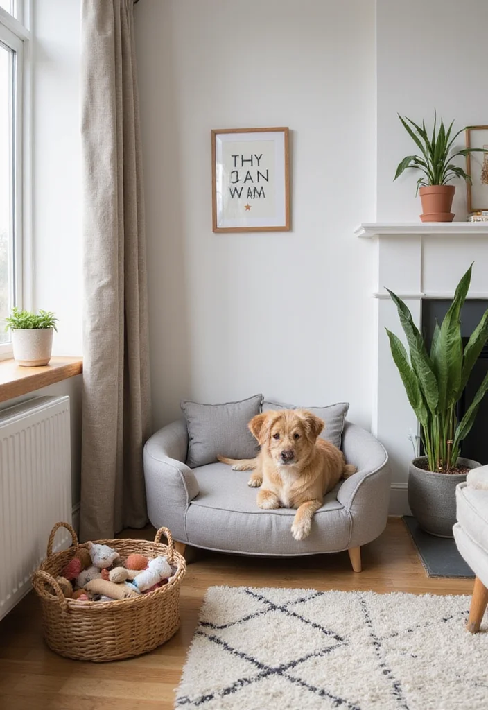 12 Corner Ideas for Living Room for Practical Cozy Use 7. Pet Corner Retreat