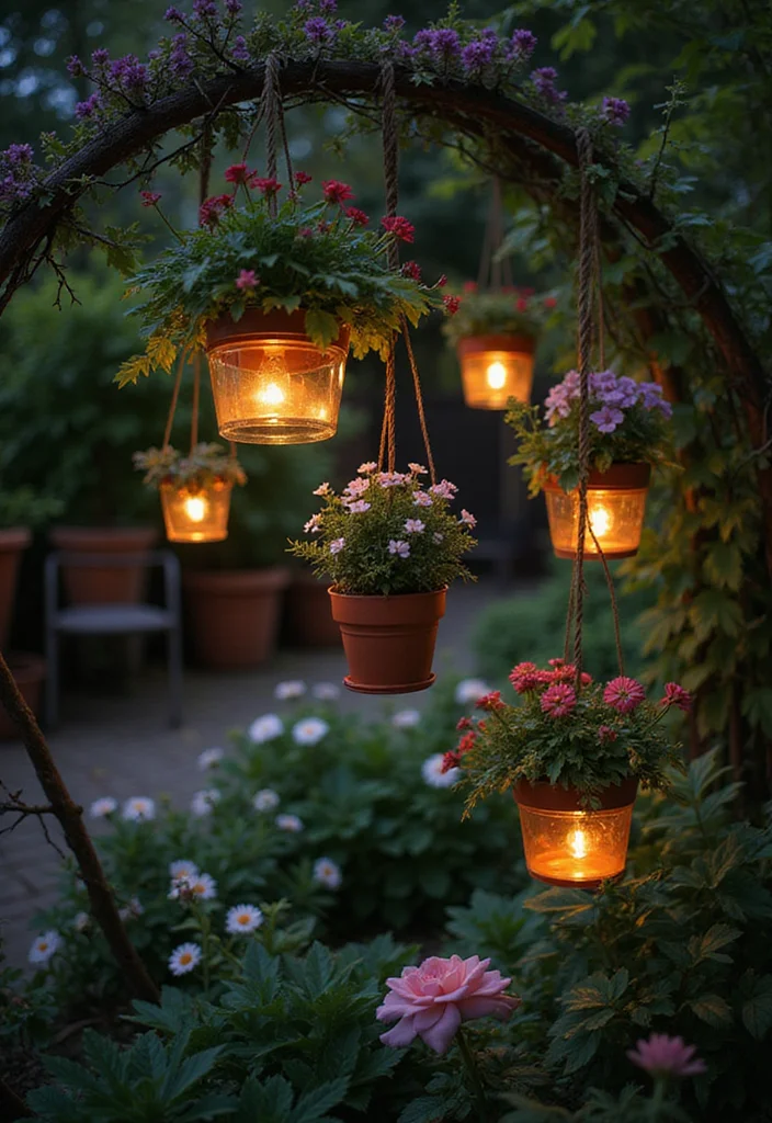12 DIY Backyard Lighting Ideas for Affordable Nighttime Glow 4. Hanging Flower Pots with Lights