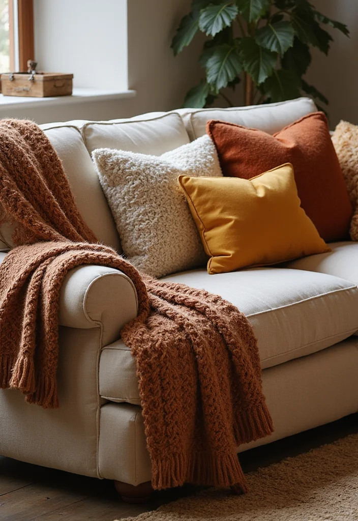 12 Fall Decor Ideas for Living Room for Warm Seasonal Charm 1. Layered Textiles for Ultimate Comfort