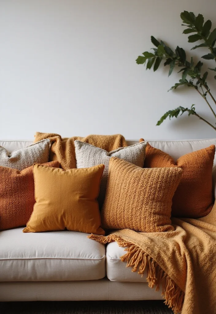 12 Fall Decor Ideas for Living Room for Warm Seasonal Charm 10. Textured Throw Pillows