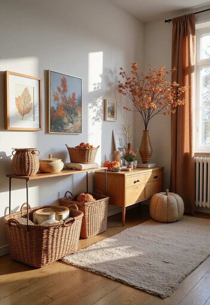 12 Fall Decor Ideas for Living Room for Warm Seasonal Charm 11. Stylish Storage Solutions