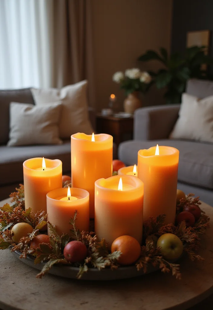 12 Fall Decor Ideas for Living Room for Warm Seasonal Charm 5. Elegant Candle Arrangements