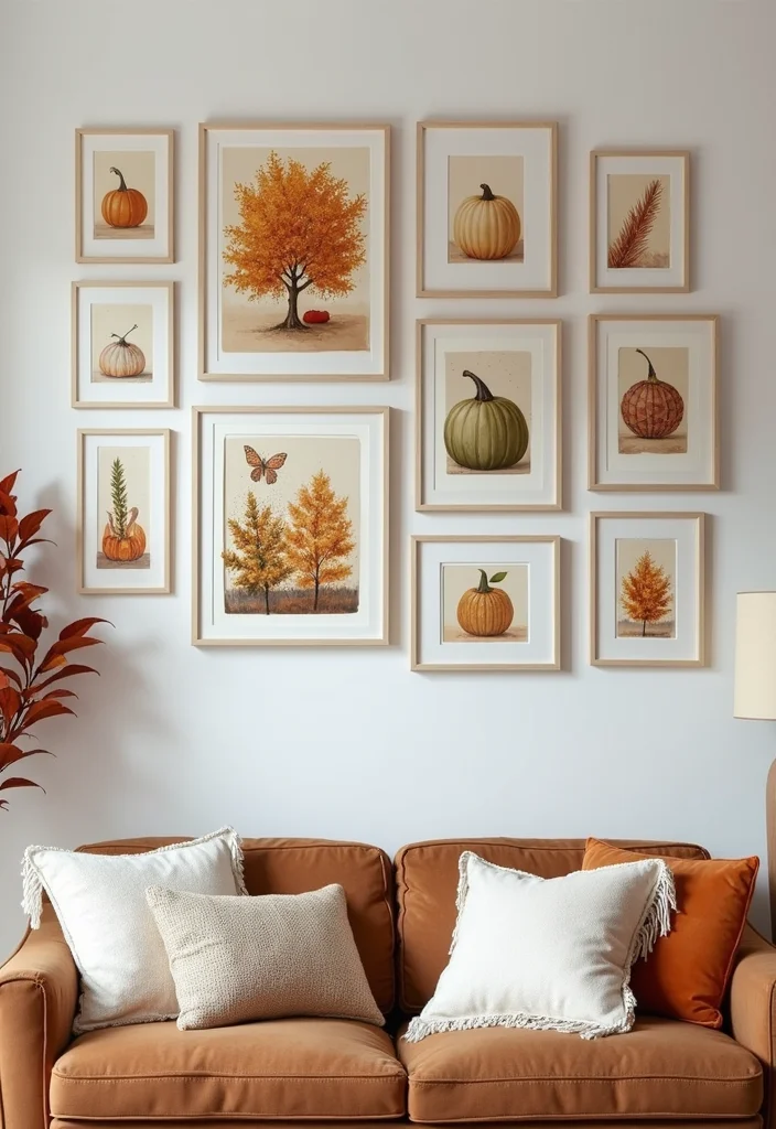 12 Fall Decor Ideas for Living Room for Warm Seasonal Charm 6. Create a Gallery Wall with Seasonal Artwork