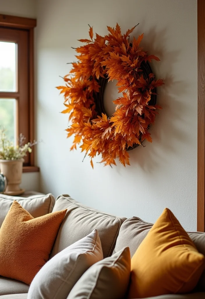 12 Fall Decor Ideas for Living Room for Warm Seasonal Charm 9. Seasonal Wall Decor with Wreaths