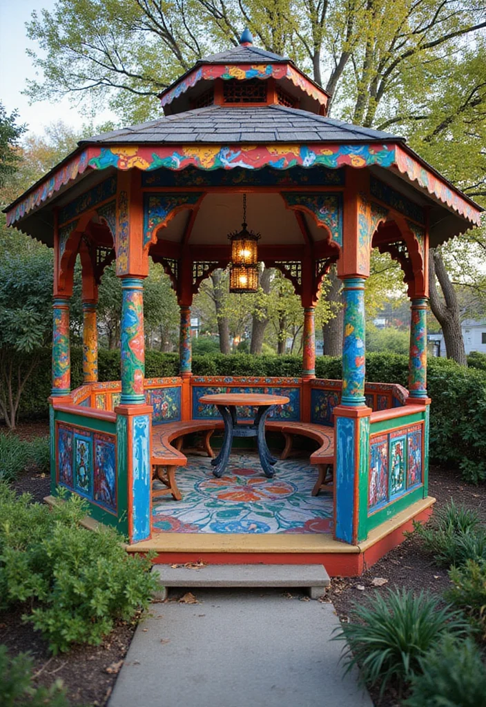 12 Gazebo Backyard Ideas for Relaxed Shaded Outdoor Living 12. Artsy Painted Gazebo