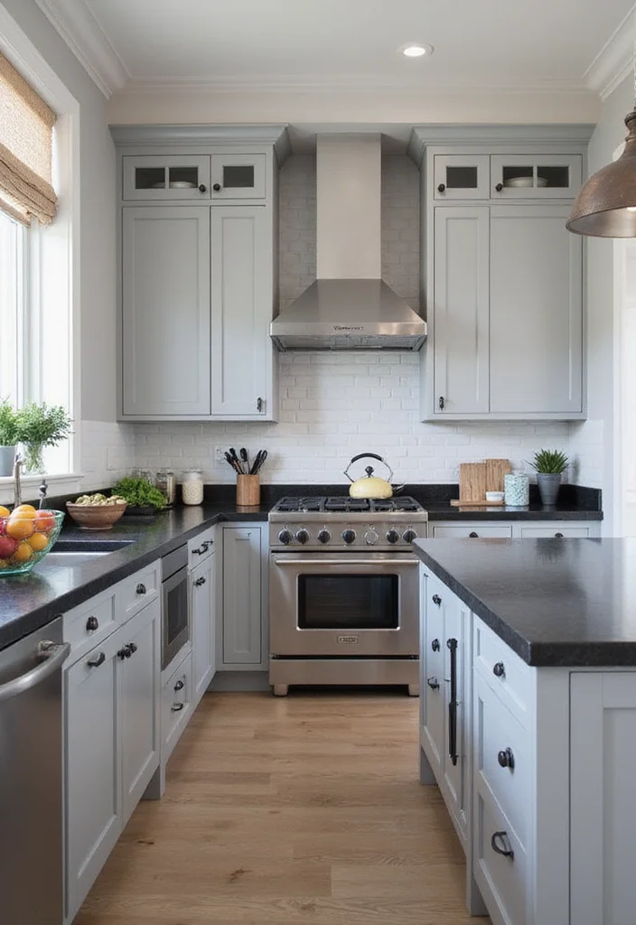12 Grey Kitchen Cabinets Ideas for Soft Calm Neutral Modernity 11. Contrast with Dark Elements