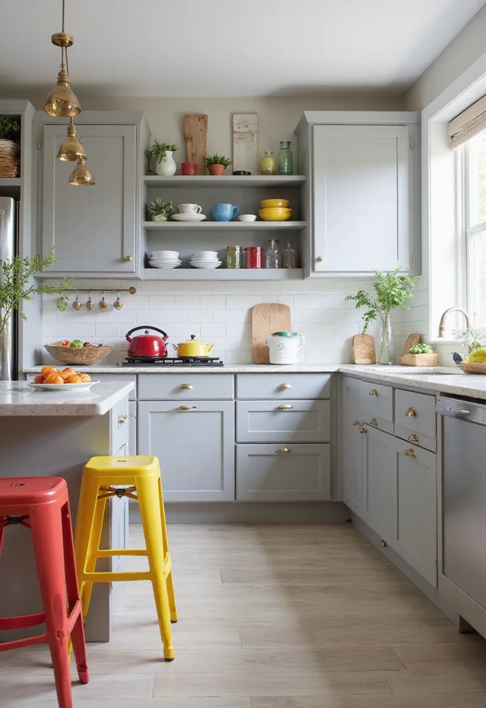 12 Grey Kitchen Cabinets Ideas for Soft Calm Neutral Modernity 7. Bright Accents for a Fresh Touch