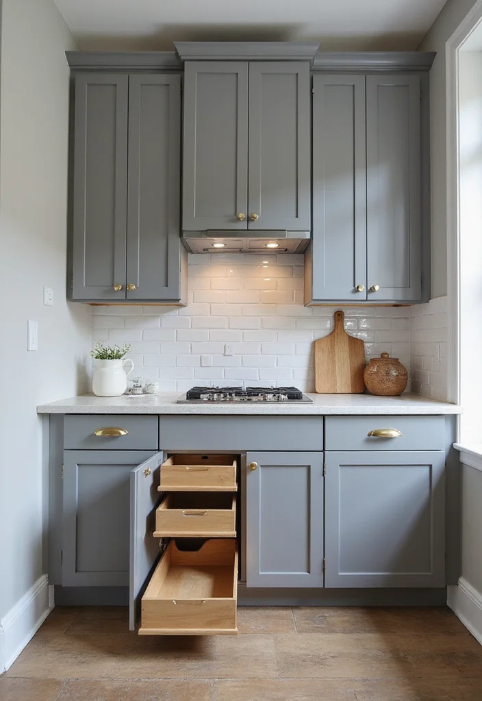 12 Grey Kitchen Cabinets Ideas for Soft Calm Neutral Modernity 9. Smart Storage Solutions