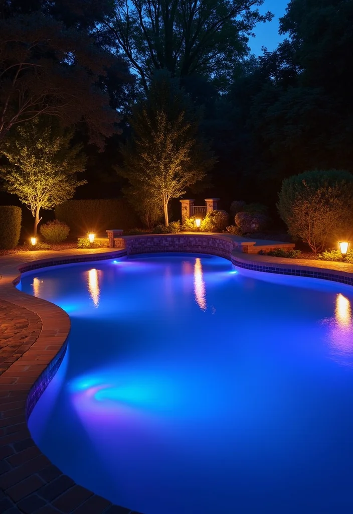 12 Inground Pool Backyard Ideas for Relaxing Resort Inspired Style 10. Colorful Pool Lighting