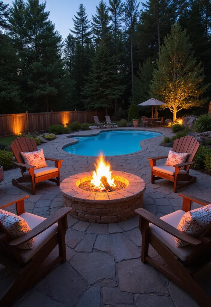12 Inground Pool Backyard Ideas for Relaxing Resort Inspired Style 7. Inviting Fire Pit by the Pool