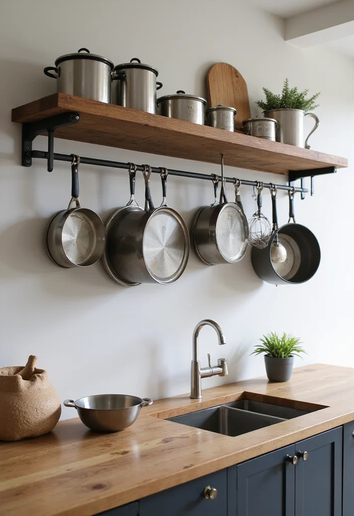 12 Small Kitchen Renovation Ideas for Functional Modern Layouts 8. Wall Mounted Pot Racks for Creative Storage