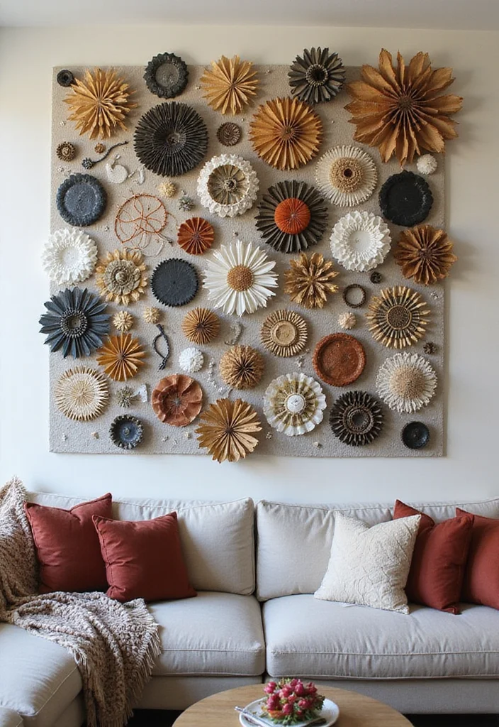 12 Wall Ideas for Living Room for Texture Color and Impact 11. Upcycled Art Installation