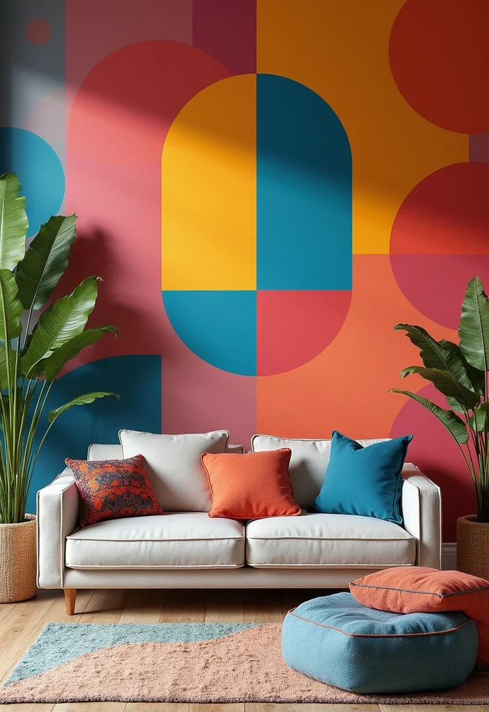 12 Wall Ideas for Living Room for Texture Color and Impact 2. Colorful Geometric Patterns